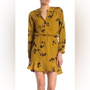 Joie Long Sleeve Acey A-Line Mini Dress in Goldenrod with Black Floral ZB9